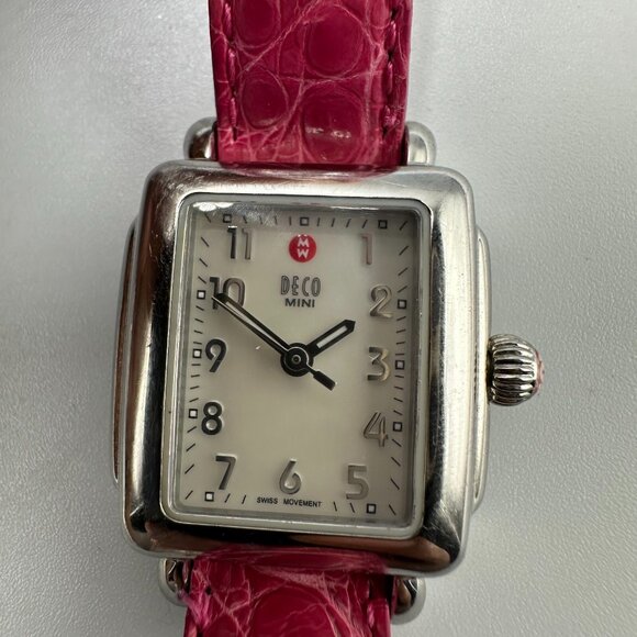 Michele Deco Mini Watch Women Silver Tone Pink Embossed Leather Band New Battery - Picture 1 of 12